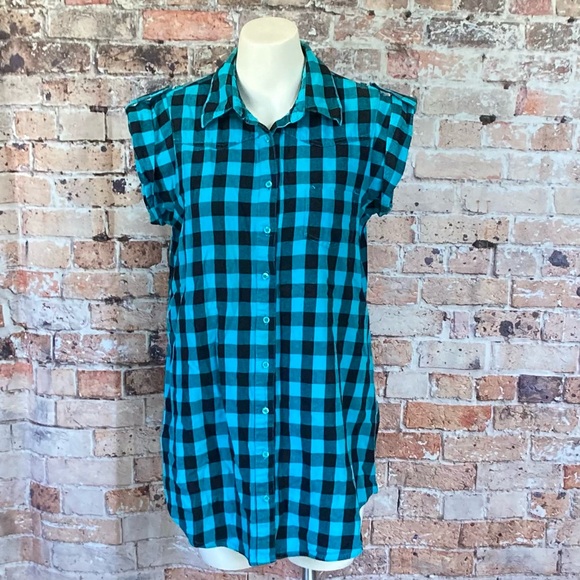 Millennium Plaid Tunic Button Down Short Sleeve Blue & Black Sz Large - Picture 1 of 9